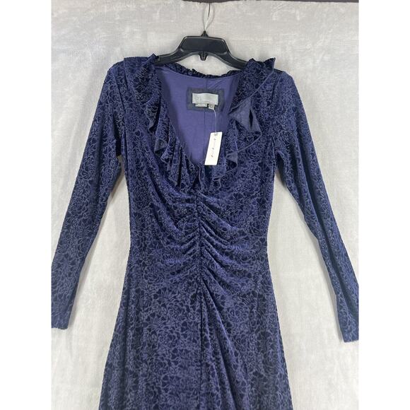 Anthropologie Velvet Ruched Maxi Dress Size Small Blue V-neck - Picture 4 of 11